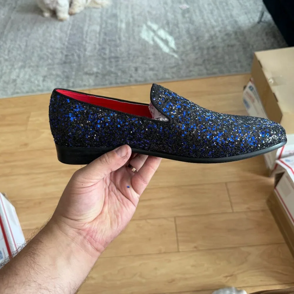 Santimon Men's US 7.5-12 Blue Sequins Glitter Smoking Loafers Casual Shoes  Plea